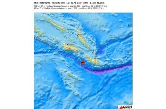 Земетресение с магнитуд 6.9 разлюля Соломоновите острови, няма опасност от цунами