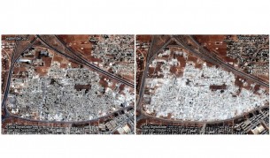 Квартал в град Хама преди и след разрушенията