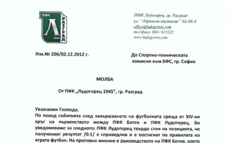 Лудогорец внесе молбата за преиграване на мача с Ботев Пд
