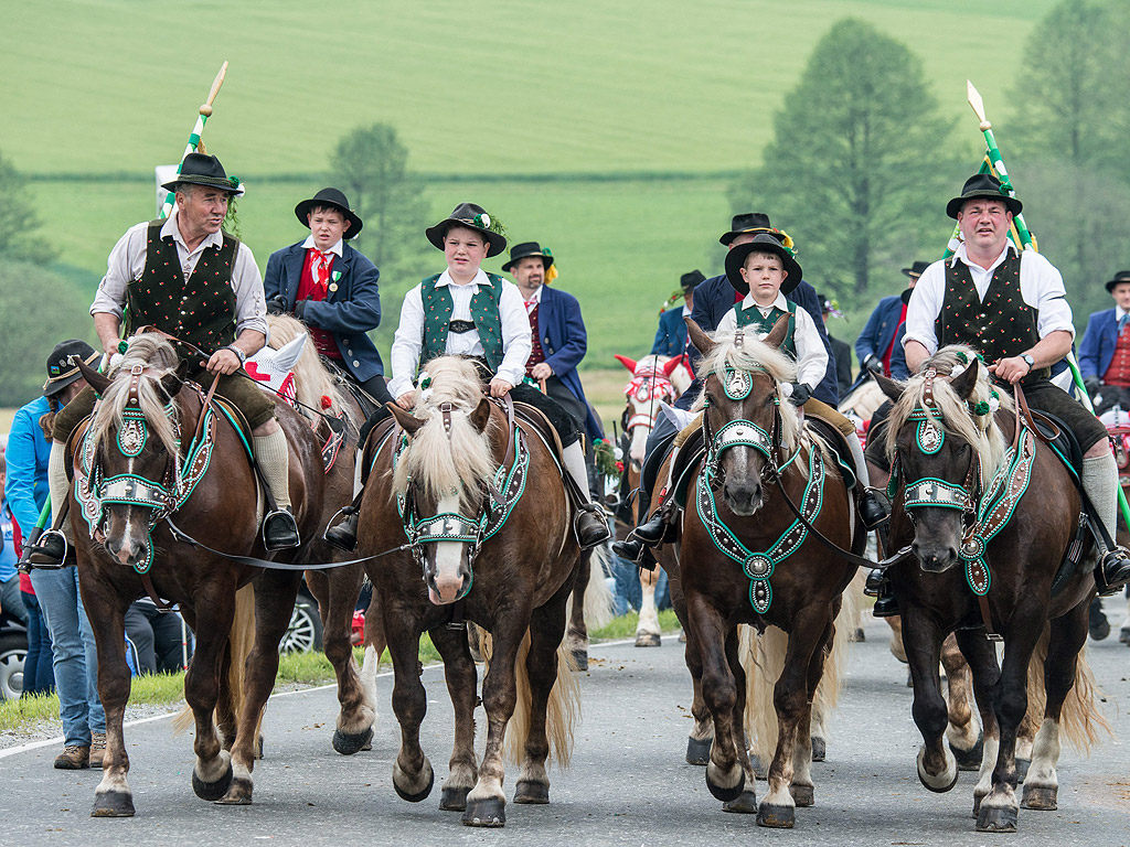 Участници в Марша за Петдесетница на конете си в близост до Bad Koetzting, Германия. Шествието брои около 900 участници и е един от най-старите баварски обичаи. Жените нямат право да участват в надпреварата