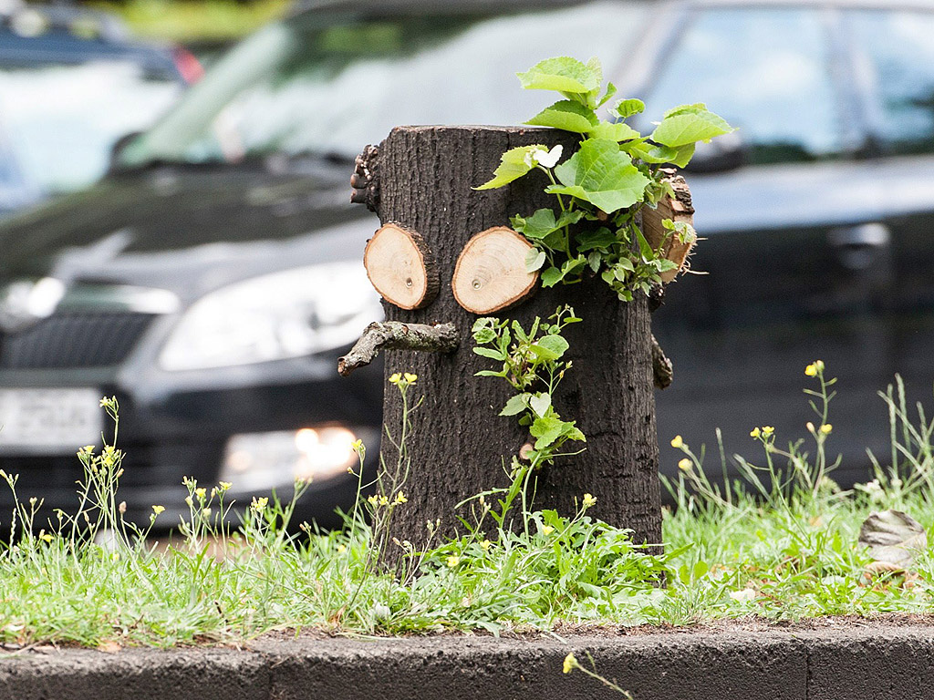 Дърво Трол на улица в Берлин, Германия. Умело дегизирани дървесни стволове са създадени от неидентифицирани лица на различни места из целия град.