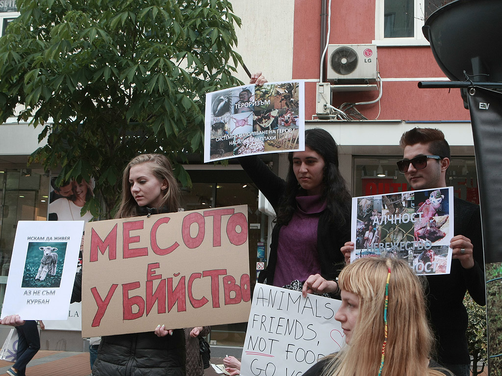 Протест "Месото е убийство" организираха вегани и вегетарианци в София. Хора, пакетирани като пилета в тарелки, бяха "сервирани" на бул. Витоша