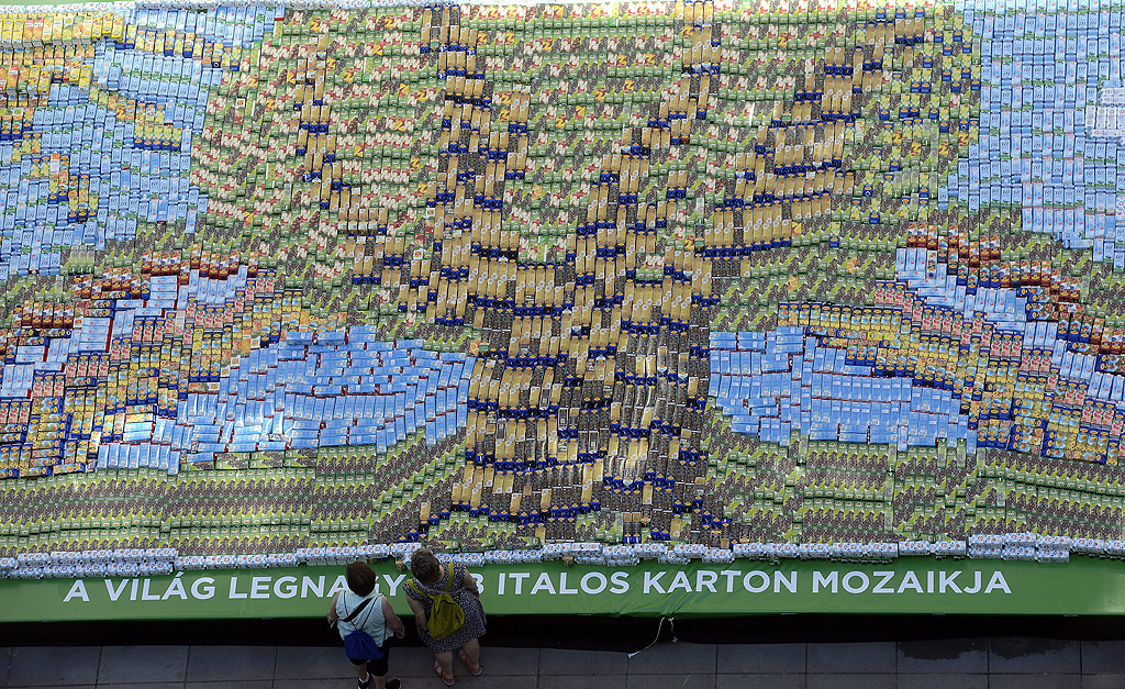 Хора разглеждат най-голямата картинна мозайка от картонени опаковки на напитки на площад Мадах, Будапеща, Унгария. Мозайката е построена с повече от 3500 кутии от мляко и плодов сок, в опит за нов световен рекорд на Гинес. Картината е вдъхновена от една рисунка, озаглавена "Моето любимо дърво" от девет-годишното унгарско момче Bence Kiss