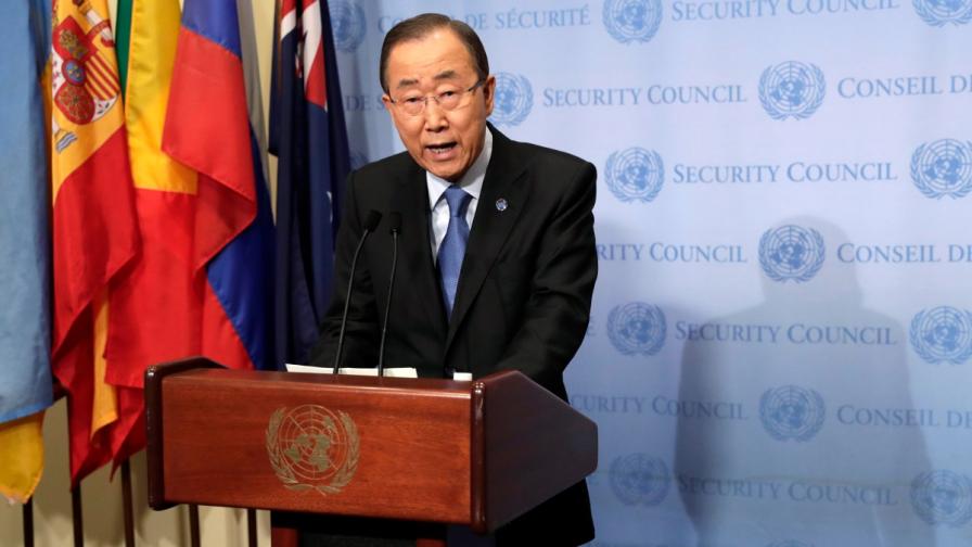 Генералният секретар на ООН Бан Ки-мун говори след срещата на Съвета за сигурност