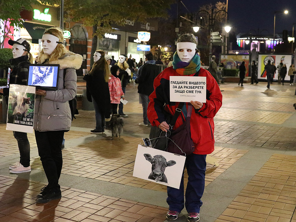 Десетина вегани с бели маски демонстрираха отношението си към месоядството, като приканваха хората на столичния бул. "Витоша" да гледат документалния филм "Earthlings" ("Земляни")