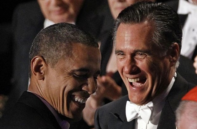 Обама и  Ромни си размениха шеги на благотворителна вечеря
