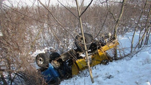 Камион на пътна фирма се преобърна в дере между Просена