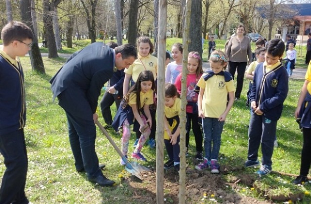 Кметът Иван Иванов и ученици засадиха дръвчета в парк „Черничките“
