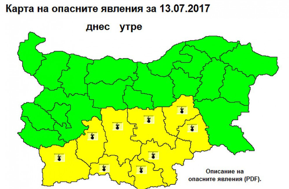  Жълт код за жеги в 9 области 