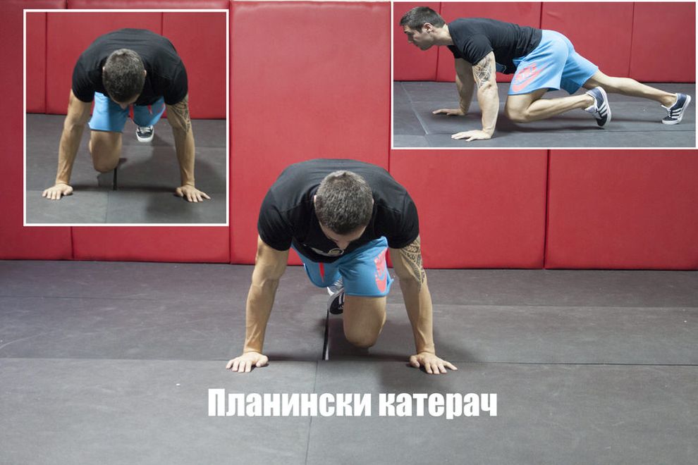 <strong>Планински катерач (Mountain Climber)</strong><br>
<br>
Застанете в положение за лицева опора, като поставите дланите една от друга на ширината на раменете или малко по-широко.<br>
<br>
Сгънете единия крак към гърдите, стегнете коремните мускули и съберете лопатките една към друга.<br>
<br>
От изходното положение сменете местата на двата крака, повдигайки таза нагоре и сгъвайки разгънатия крак към гърдите, докато изплъзвате другия назад.<br>
<br>
<em>Стремете се към 3-4 серии и 20-60 секунди на серия според личните възможности.</em>