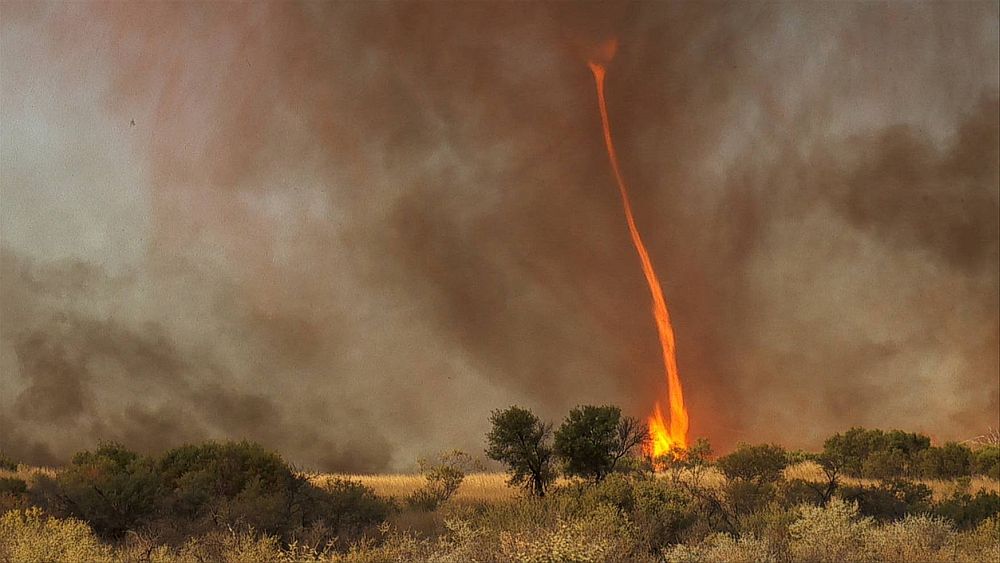 <strong>Огнено торнадо</strong><br>
<br>
Този рядък природен феномен се случва, когато вихър от топъл въздух срещне или предизвика огън. Явлението се нарича още и огнен дявол.