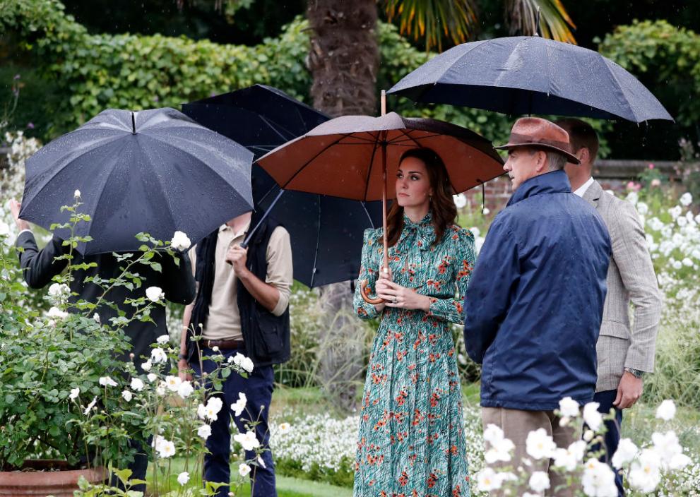  Принцовете Уилям и Хари уважиха паметта на майка си принцеса Даяна ден преди 20-годишнината от гибелта й в автомобилна злополука в Париж. Двамата, съпроводени от херцогинята на Кеймбридж Кейт Мидълтън, посетиха една от градините на двореца Кенсингтън, трансформирана в памет на майка им., В нея са посадени обичаните цветя на Лейди Даяна - бели британски рози и незабравки., Прекрасната Кейт бе избрала собствен метод да изрази почитта си към Даяна. Тя бе облякла копринена зелена рокля, с висока талия, покрита с червени макове. Тоалетът й подсещаше на тези, които носеше Даяна като избраница на принц Чарлз и през първите години на брака й. 