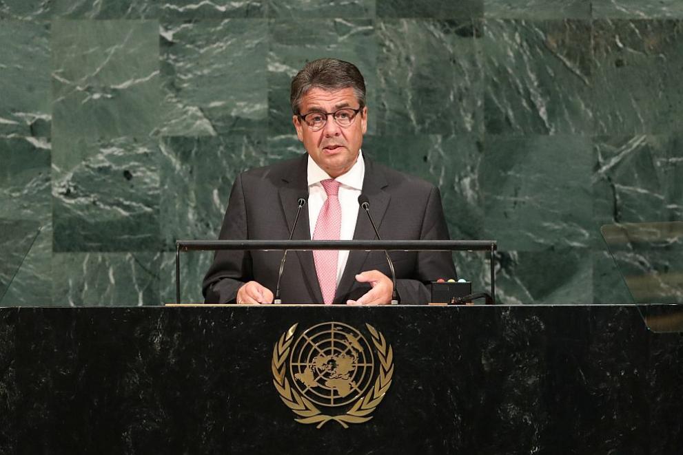  Германският външен министър Зигмар Габриел пред Общото заседание на Организация на обединените нации 