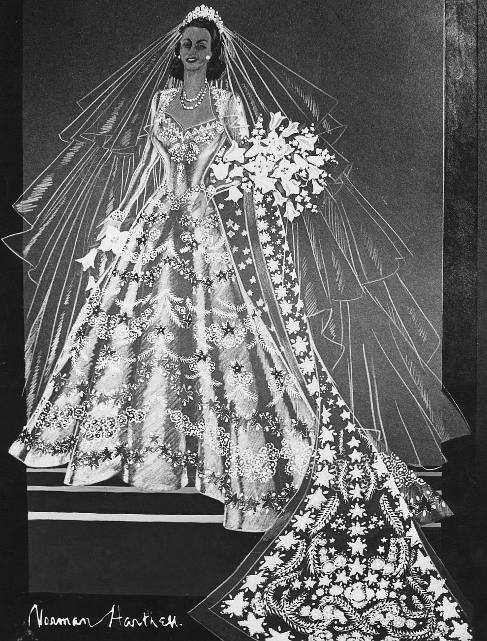 Скица на сватбената рокля на Елизабет Втора