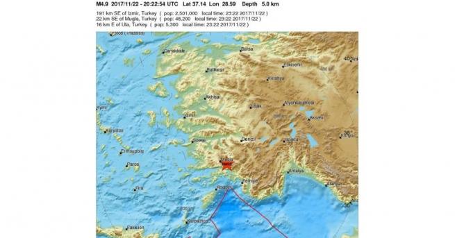 Земетресение с магнитуд 5 бе регистрирано в Югозападна Турция в