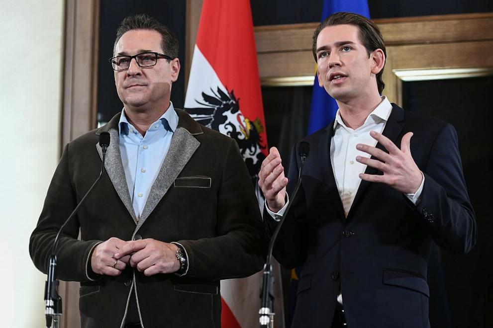 Лидерът на консервативната Австрийската народна партия Себастиан Курц (вдясно) и ръководителят на крайнодясната Австрийска партия на свободата Хайнц-Кристиан Щрахе (вляво)