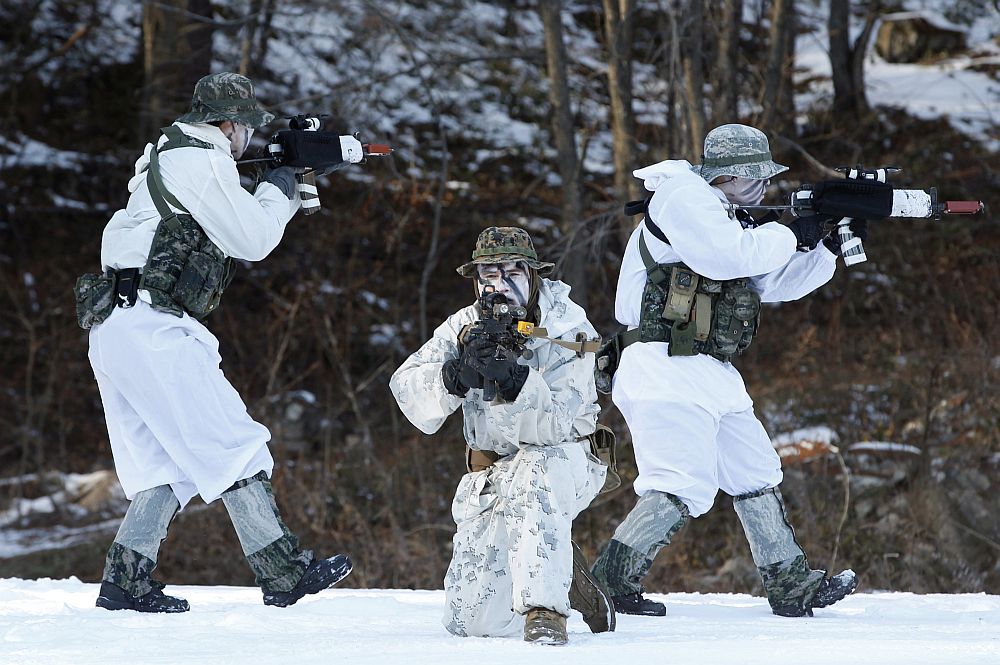 Морски пехотинци от САЩ и Южна Корея проведоха съвместни учения в зимни условия в Пьонгчан, намиращ се на около 200 километра източно от Сеул.
