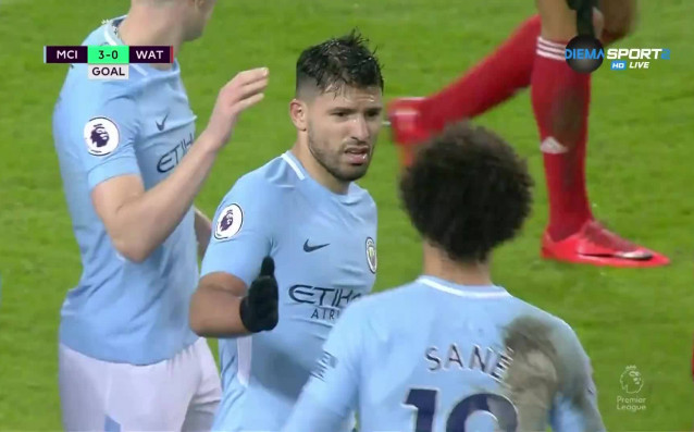 Серхио Агуеро реализира третото попадение за Манчестър Сити срещу Уотфорд