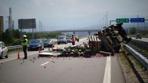 Товарен автомобил разпиля дини и домати на магистрала