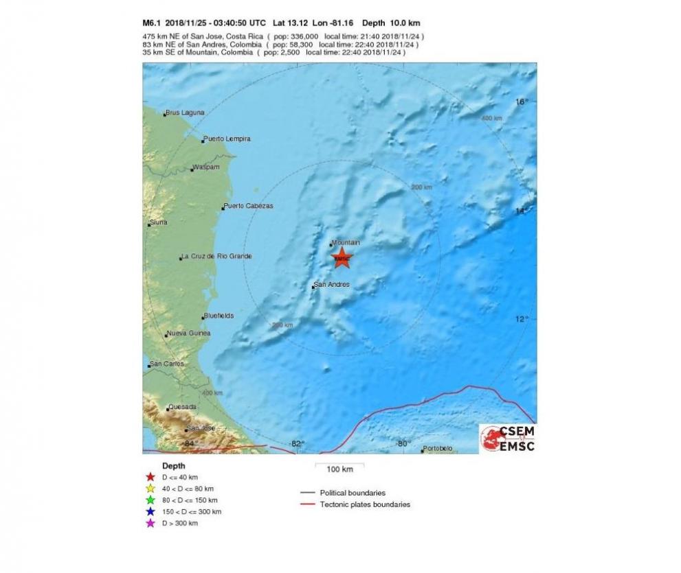 Земетресение с магнитуд 6,1 бе регистрирано в Карибско море край бреговете на Колумбия и Никарагуа