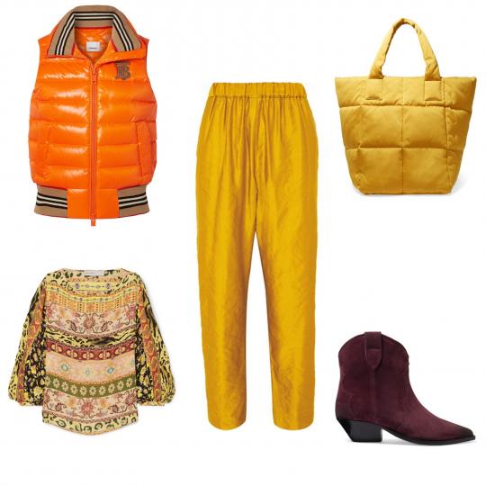 <p><b>Летен панталон в есенен нюанс</b><br />
Предлагам страхотен аутфит в цветовете на есенните листа. Летен панталон и чанта в цвят охра Dries van Noten, блуза в бохо стил Etro, капитониран оранжев елек Burberry и лилави каубойски боти Isabel Marant.<br />
&nbsp;</p>