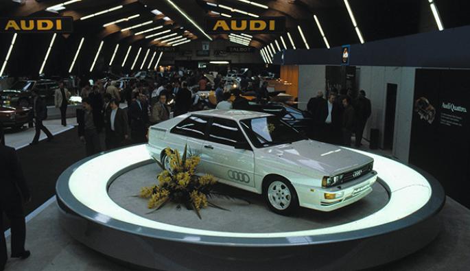  Audi quattro по време на премиерата си на автомобилния салон в Женева през 1980 г.