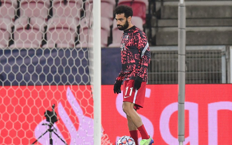 Мидтиланд и Ливърпул играят . Мохамед Салах откри резултата в