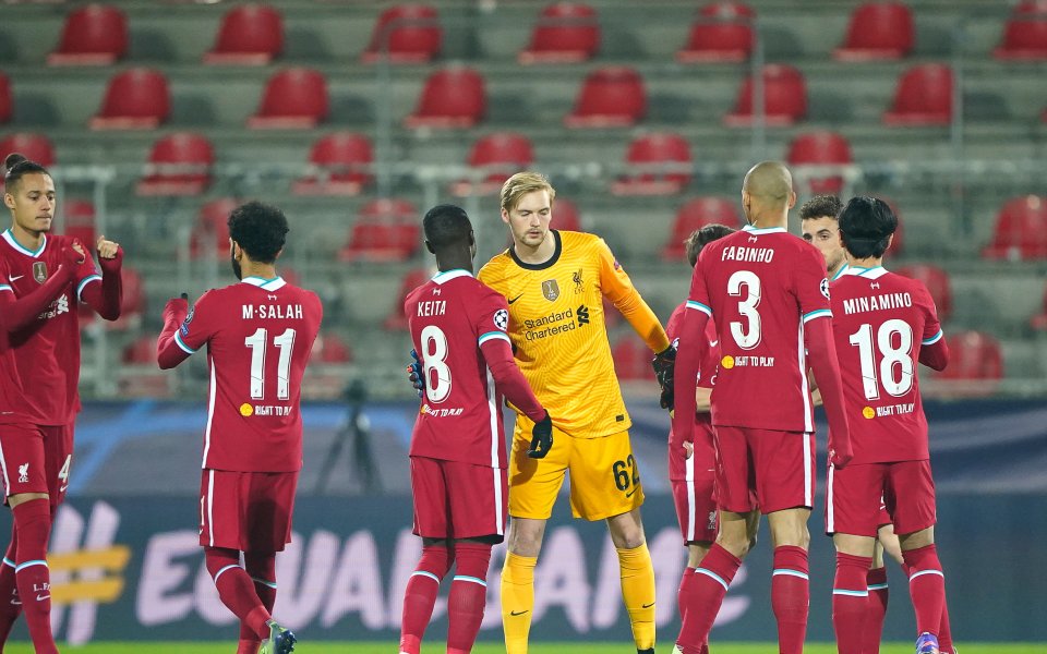 Мидтиланд и Ливърпул играят . Мохамед Салах откри резултата в