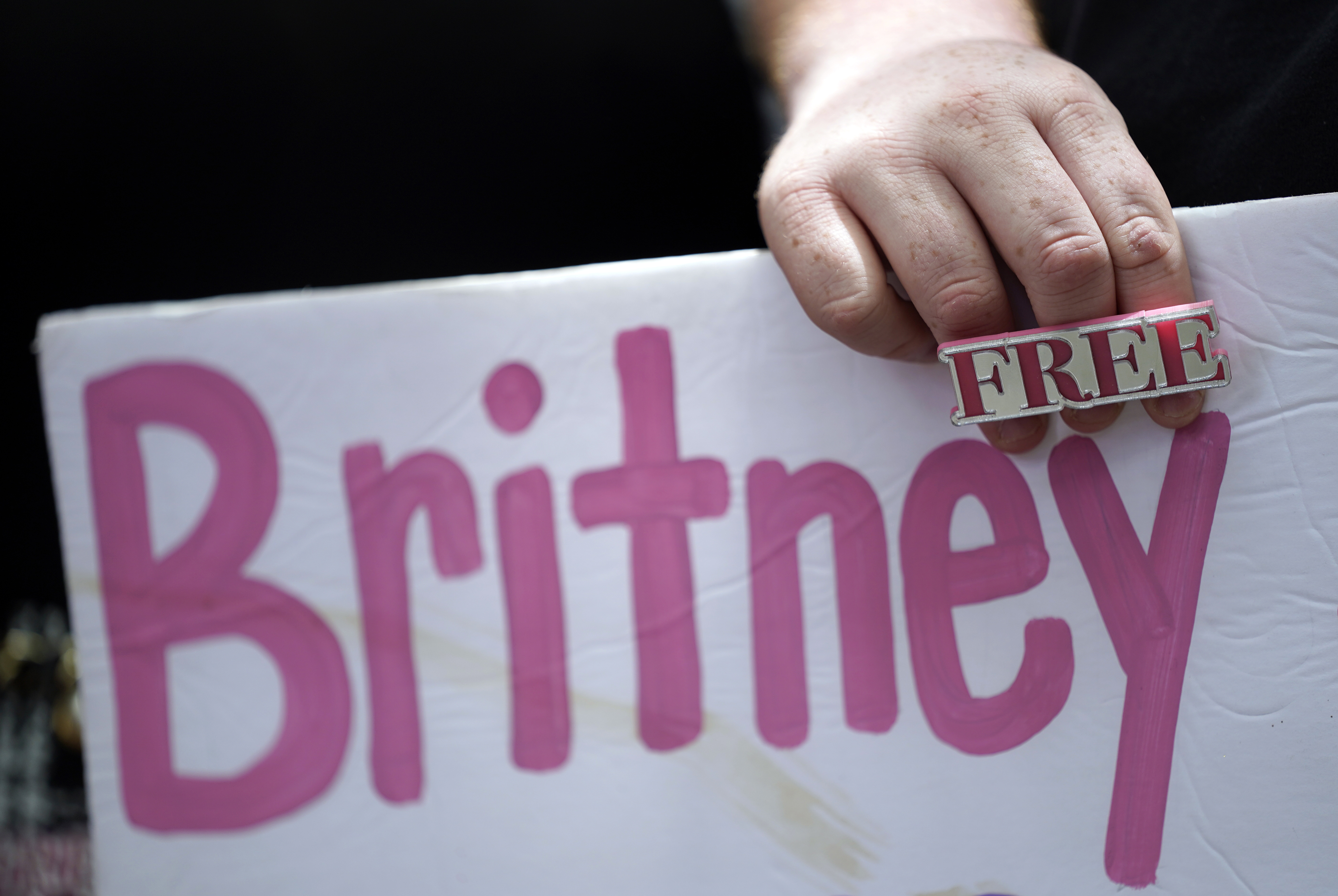 <p>Те носеха табели с надпис &quot;Освободете Бритни сега!&quot; и &quot;Махни се от живота на Бритни!&quot;</p>
