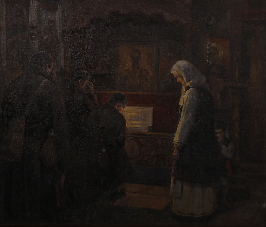 <p>Господин Желязков(1873-1937) Поклонение на българските войници пред мощите на Св.Климент Охридски, 20-те години на XX век</p>