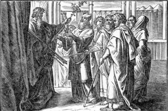  Еврейските вождове поставят жезлите си в Скинията. 