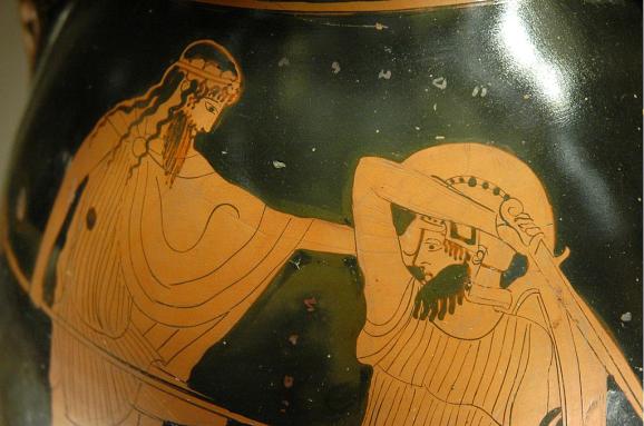  Антична ваза показва гигантомахията. Във войната Дионис атакува гигант, 460 пр.Хр.