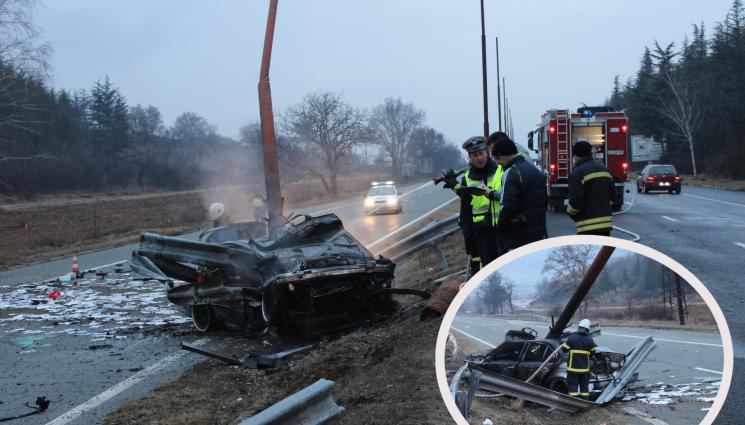 катастрофа Благоевград - Тежка катастрофа: Мъж загина след удар в мантинела и стълб на изхода от Благоевград към София