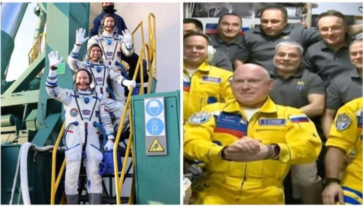 руски космонафти - Руски космонавти се преоблякоха с цветовете на украинския флаг на МКС
