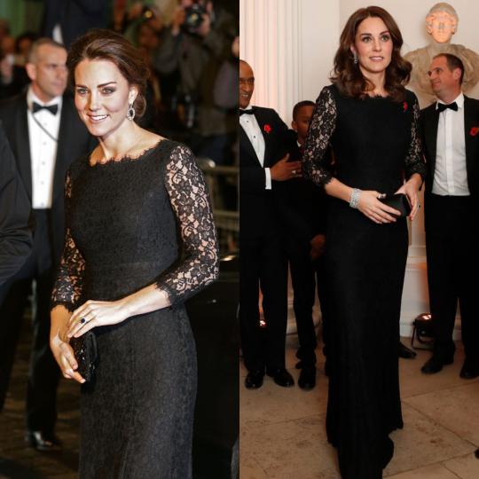 <p><strong>2014 и 2017 г.</strong></p>

<p>Херцогинята избра черна дантелена рокля от Даян фон Фюрстенберг, за да присъства на Кралското вариететно представление, докато беше бременна с принцеса Шарлот. Тя отново облече роклята за гала вечеря за Националния център на Анна Фройд, докато беше бременна с принц Луи.</p>