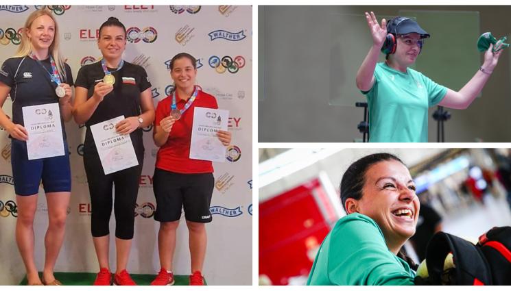 Антоанета Костадинова - Две наши стрелкини на стълбичката в Гран при в Нови Сад