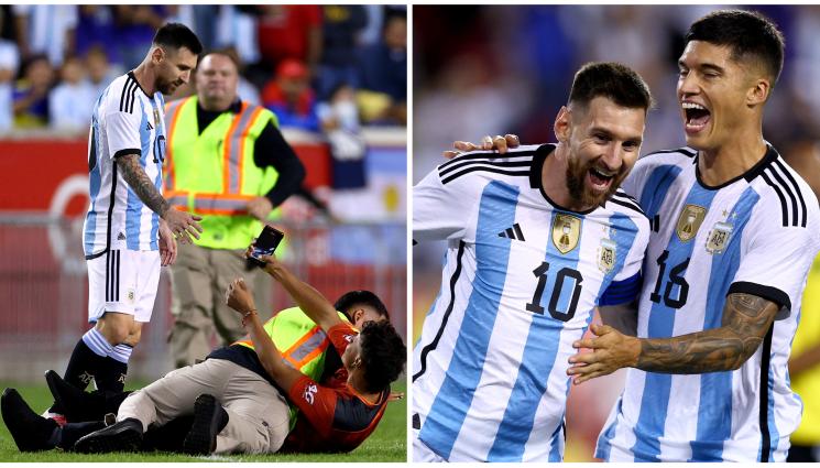 Меси Аржентина - МЕСИ ПИШЕ ВЪРХУ ГОЛ ГРЪБ на щур здравеняк, охраната на стадиона в Ню Джързи едва не го помете в люта гонка със запалянкото