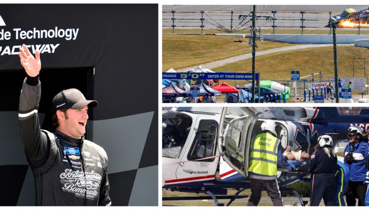 НАСКАР - УЖАСЯВАЩО: Пилот изскочи от прозореца на горящия си автомобил, хеликоптер го откара в болница (ВИДЕО)