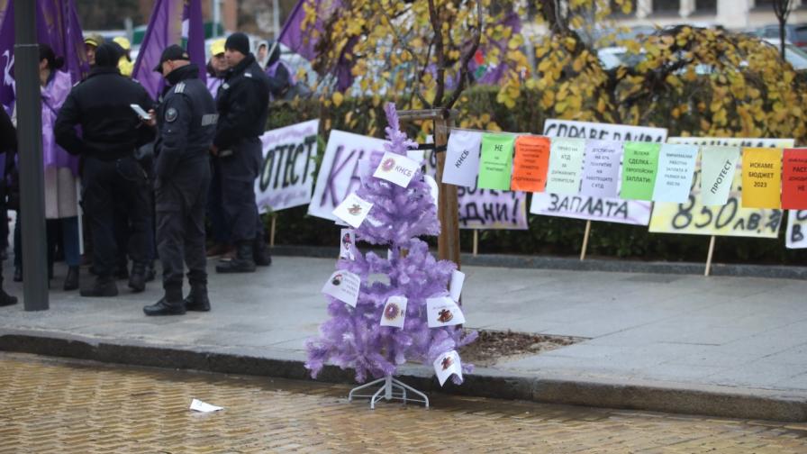 <p>Протестна елха донесоха от КНСБ пред НС, искат повишение на доходите</p>