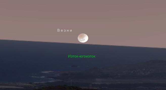  На картата: затъмнената от земната полусянка Луна, по този начин както ще наподобява след изгрева си на 5 май вечерта. Тогава ще можем да следим явлението ниско над югоизточния небосвод 