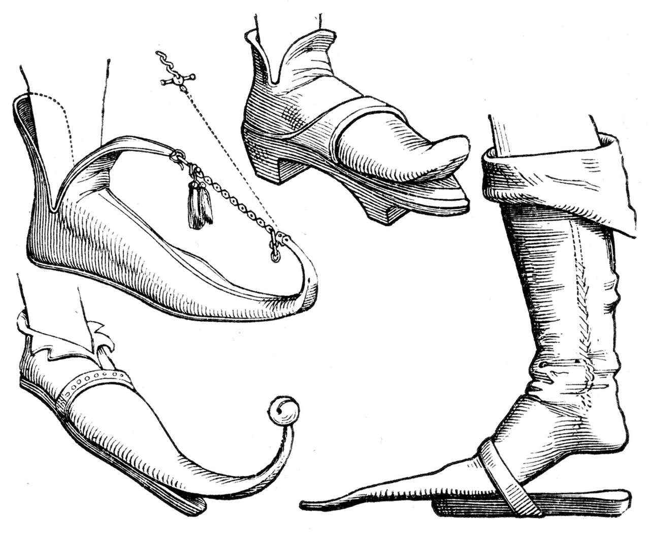 <p><strong>Остри обувки</strong><br />
Статусът и външният вид са били много свързани през средновековната епоха. Една от многото модни тенденции на времето била мъжете да носят остри обувки. Колкото по-остри са били те, толкова по-богат бил носещият ги.</p>