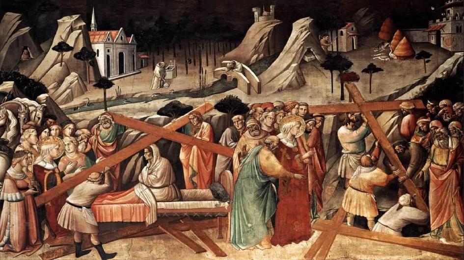  Св. Елена открива Кръста, фреска на Аньоло Гади, 1380 г,, от базиликата Санта Кроче във Флоренция, Италия.