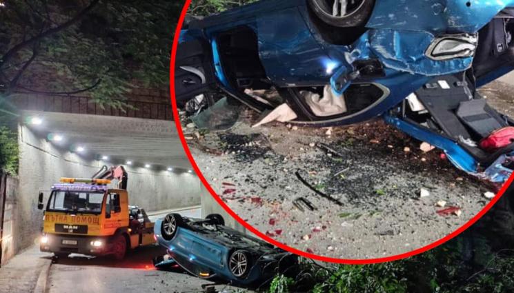 ПТП Варна - ЖЕСТОКО МЕЛЕ: Кола събори бетонна стена и падна от мост (СНИМКИ)