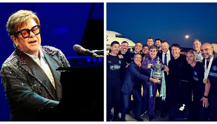 а - СЕРЕНАДА НА ЛЕТИЩЕ! Елтън Джон изви глас с играчите на Манчестър Сити (ВИДЕО)