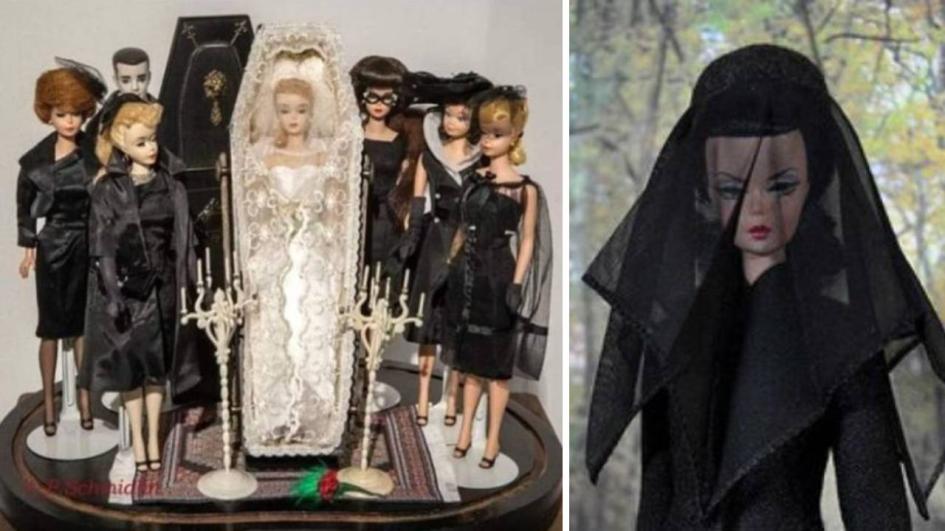  Вляво: Кукленският комплект е от серията за легендарната Барби и показва нейното погребение, Вдясно: Кукла Жаклин Кенеди, опечалената съпруга на убития американски президент Джон Кенеди
