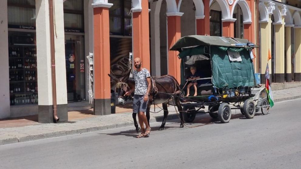 С каруца, теглена от магарето Нина, семейство с четири деца