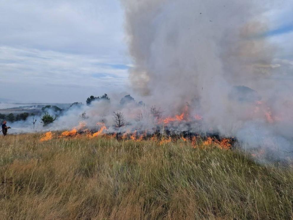 Пожар край първомайското село Искра. Пламъците са тръгнали от сухи