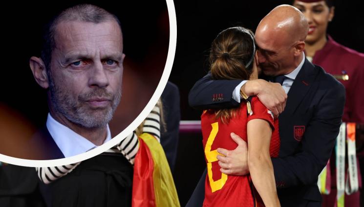 Чеферин Рубиалес целувка УЕФА - УЕФА измести свое заседание от Мадрид заради разжалвания Рубиалес