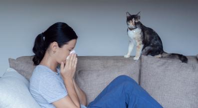 жена киха около котка