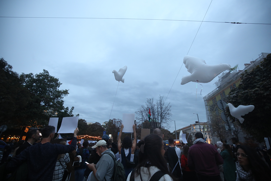 <p>Стотици се събраха на протест в защита на палестинския народ в центъра на София тази вечер</p>